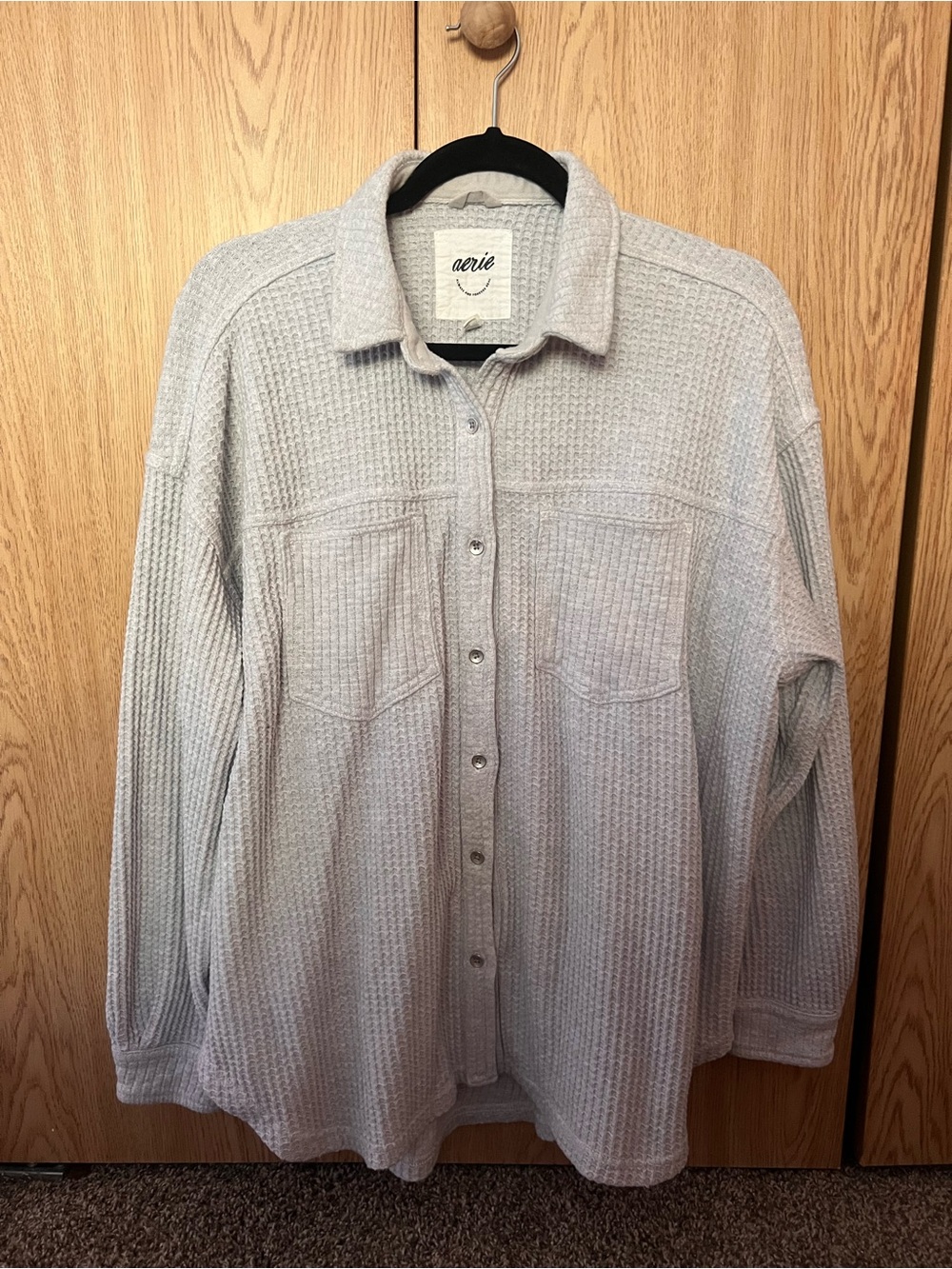 aerie said Light Gray Waffle Knit Button-Down Shirt